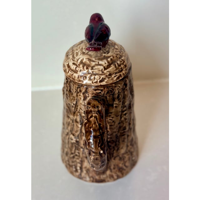 Mid-Century Folk Art Ceramic Faux Bois Tree Trunk Pitcher With Bird Finial For Sale - Image 4 of 10