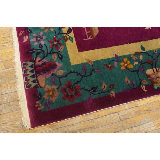 1920s Raspberry Red Floral Vase Antique Chinese Art Deco Carpet 8' 10" X 11' 6" Knotted Wool Rug For Sale In New York - Image 6 of 9