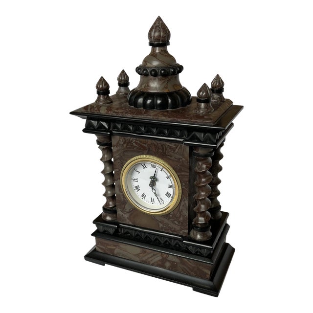 English Style Brass and Brown Marble Mantle Wind-Up Clock For Sale