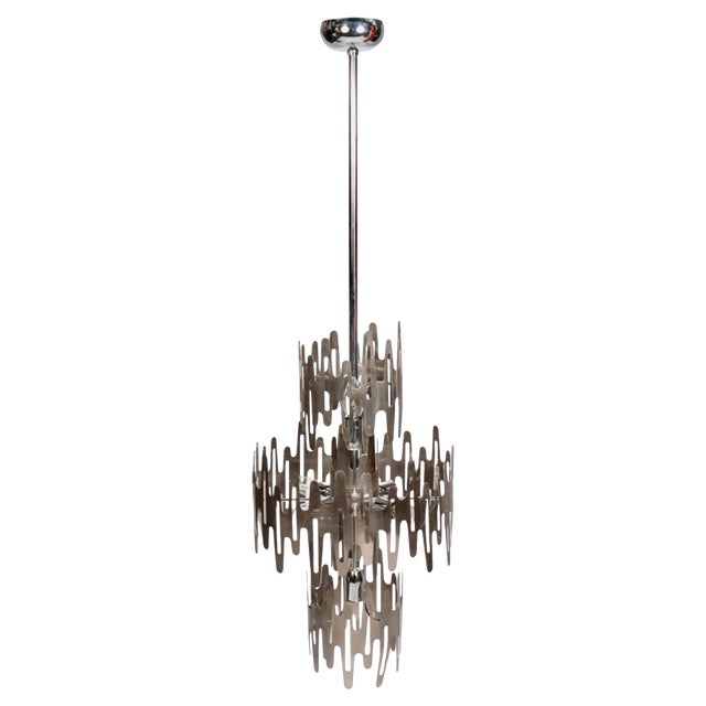 Brutalist Chandelier in Stainless Steel, France, 1970s For Sale