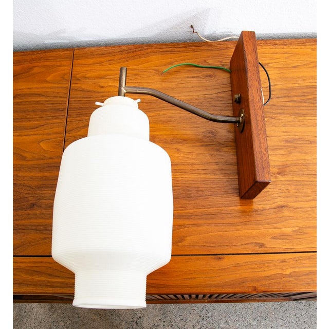 1960s Mid Century Modern Wall Sconce Lamp Lighting Walnut Brass White Shade Denmark Nm For Sale - Image 4 of 12