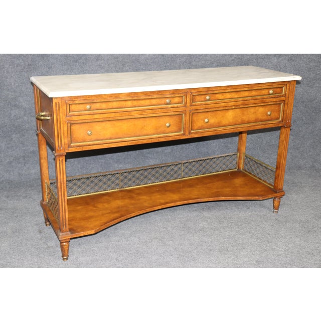 French Louis XVI Style Brass Mounted Marble Top Two Tier Console Table For Sale - Image 3 of 16