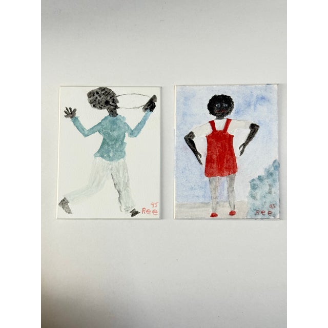Pair of lovely watercolor paintings of girls playing by Seattle artist Ree Brown. One is listening to music and the other...
