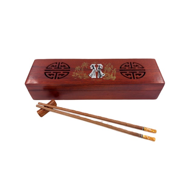 Asian Modern Vietnamese Wooden Chopsticks for 8 With Yellow Mother of Pearl Marbled Tips Decorative Storage Box and Coordinating Rests - 25 pcs For Sale - Image 11 of 11