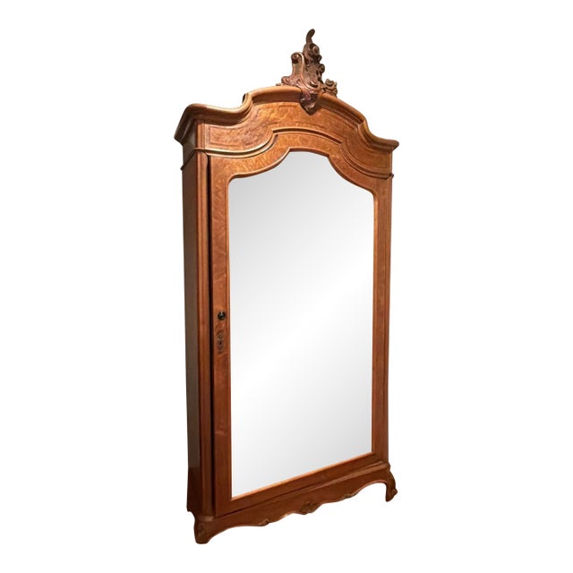 Antique French Rococo Revival Mirrored Armoire With Carved Crest, Circa 1900 For Sale