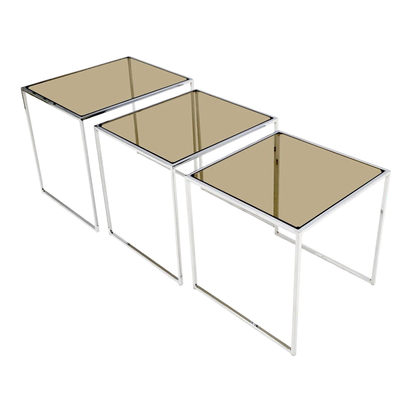 Set of 3 Wide Rectangle Shape Chrome & Smoked Glass Nesting End Side ...