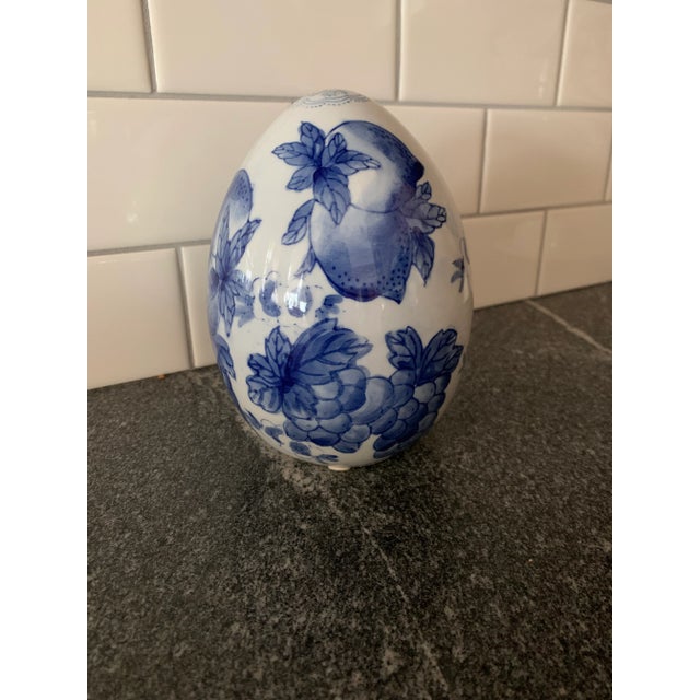 Vintage Blue and White Porcelain Decorative Egg For Sale - Image 4 of 7