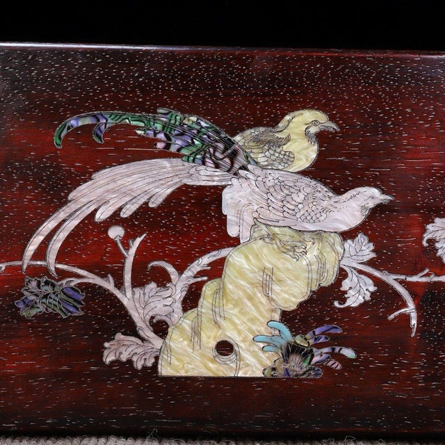Brown Zitan Wood Jewelry Box Inlaid With Mother-of-Pearl Bird Motif For Sale - Image 8 of 9