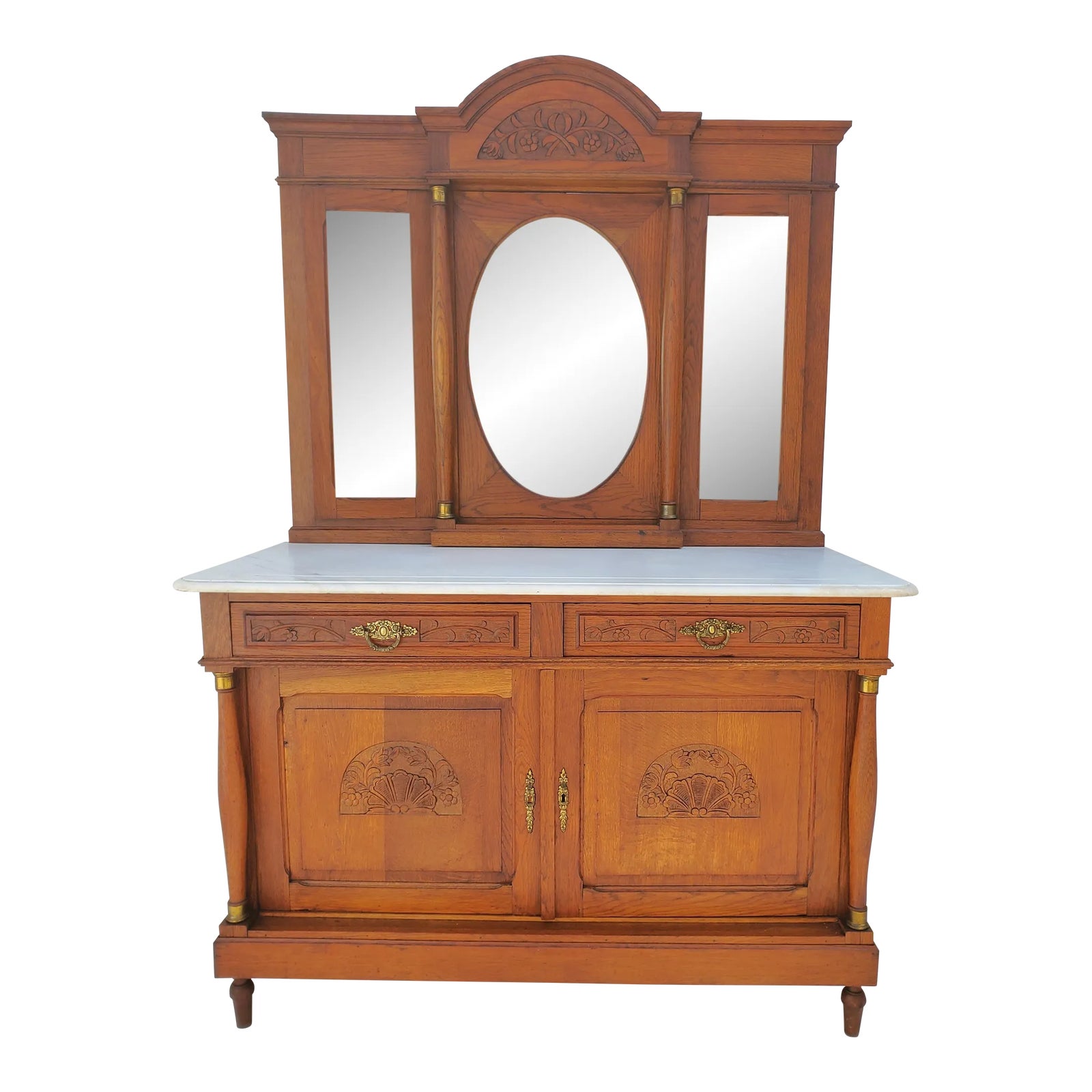 Antique French Oak Marble Top Dresser Chest With Swing Side Mirrors
