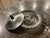Sweet covered dish of clear glass/crystal with detailed sterling lid and pattered silver metal rim. Wonderful fruit motif...
