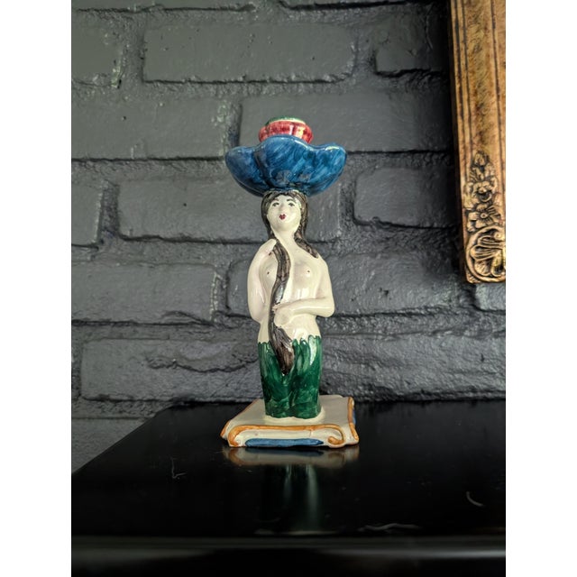 Emerald Pair of Contemporary Les Ottomans Hand-Painted Ceramic Mermaid Candlesticks For Sale - Image 8 of 8