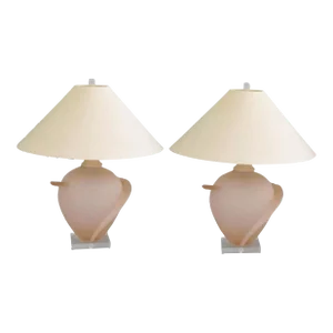 Late 20th Century Hollywood Regency Pink Satin Frosted Glass Table Lamps With Lucite Base - a Pair
