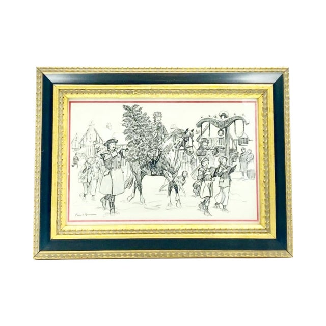 Wood Vintage 1980s Paul Brown for Brooks Brothers Framed Holiday Christmas Card For Sale - Image 7 of 9