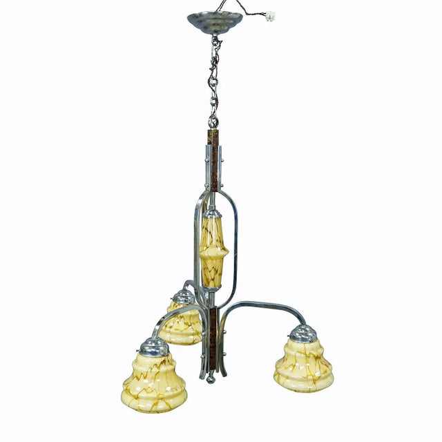 Antique Art Deco Chandelier With Three Glass Shades For Sale - Image 11 of 11