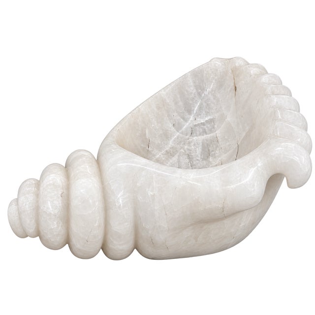 Monumental one-piece carved quartz shell bowl / sculpture with a polished milky-white translucent surface and dramatic...
