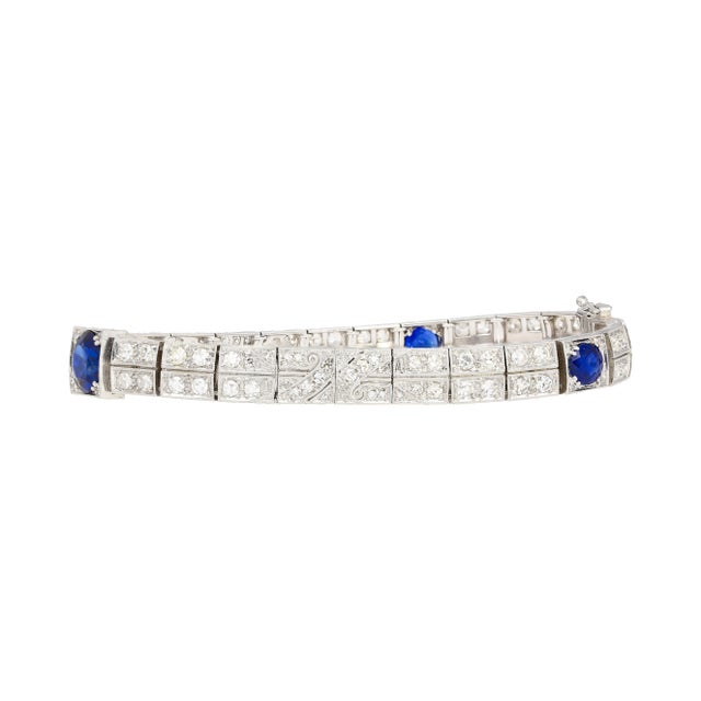 Metal Antique Art Deco Platinum Filigree Blue Sapphire & Diamond Bracelet For Sale - Image 7 of 10