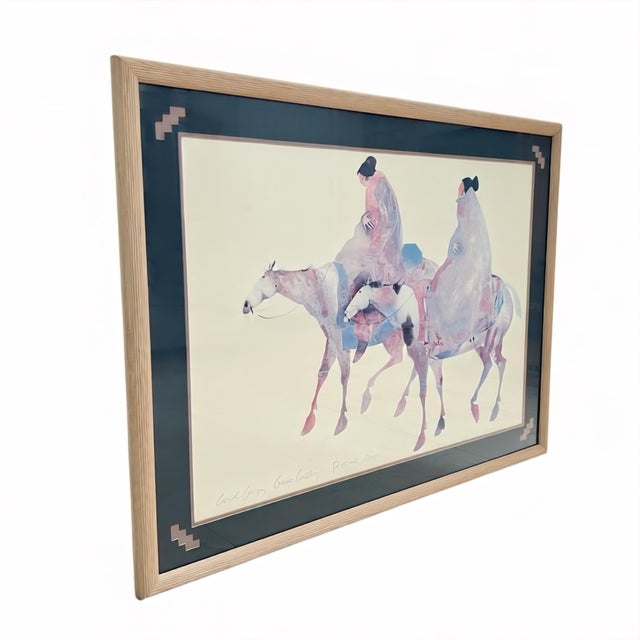 The Guardians by Carol Grigg watercolor lithograph circa 1985 featuring two Native American woman on horseback in pastel...