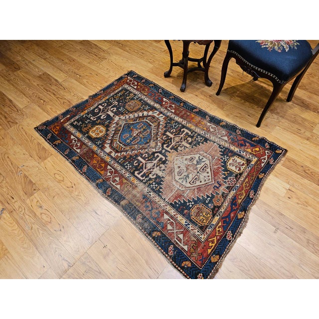 Antique Caucasian Kazak Rug, Hand-Knotted Wool, Geometric Pattern, Blue & Red, 3' x 5' For Sale - Image 4 of 18