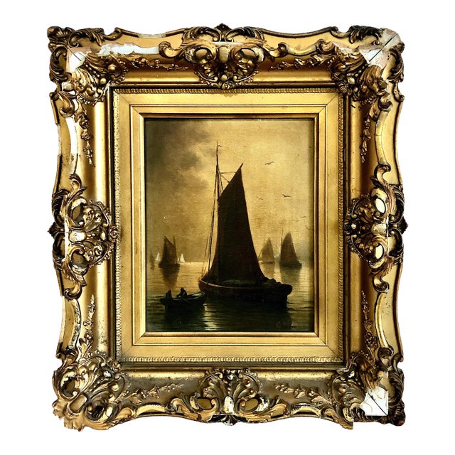 Antique Tonalist “English Fishing Boats” Marine Painting, by G. Martin For Sale