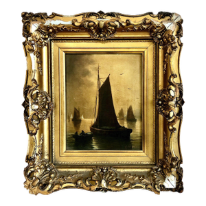 Antique Tonalist “English Fishing Boats” Marine Painting, by G. Martin
