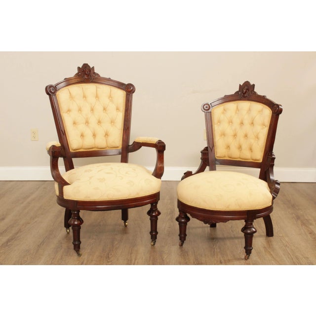 High Quality Set of 2 Carved Walnut Chairs, Newer Custom Upholstery in the Style of John Jelliff, (John Jelliff)