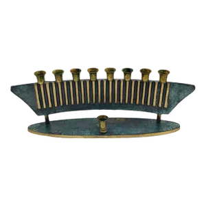 1950s Vintage Mid Century Art Deco Curved Verdigris Sculptural Modern Menorah Israel