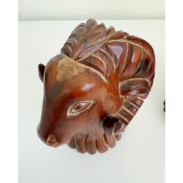 Wood Carved Wood Rams Head Bookends by Sarreid Spain 1970s - A Pair For Sale - Image 7 of 11