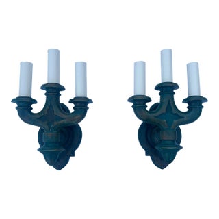 Pair of American Empire Trident Castle Sconces in Patinated Bronze For Sale