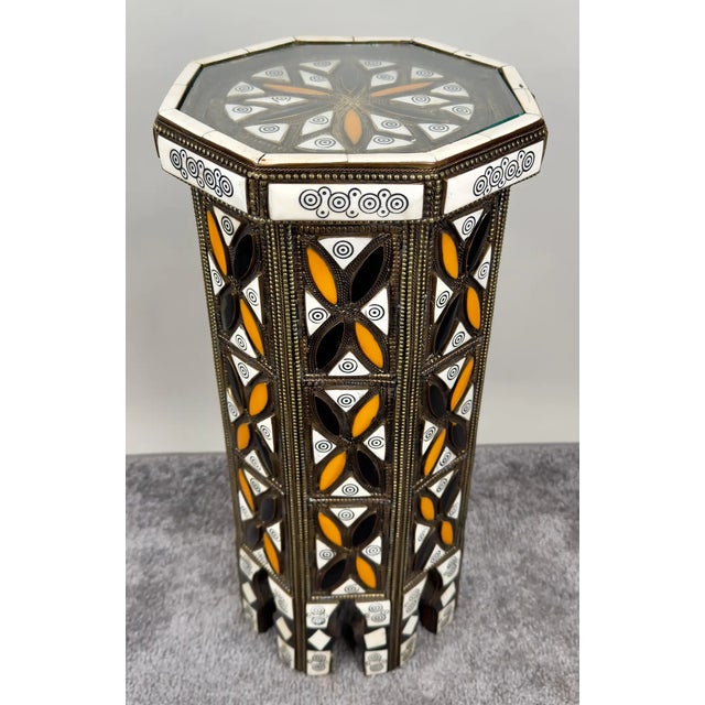 1980s Moroccan Handmade Bronze Inlay Octagonal Side Table For Sale - Image 5 of 12