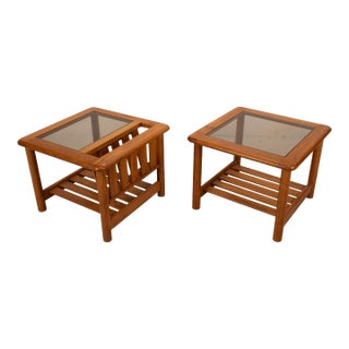 1970's Mersman Solid Oak & Smoked Glass End Tables / Magazine Tables - Set of Two For Sale