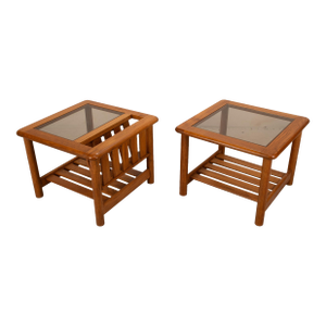 1970's Mersman Solid Oak & Smoked Glass End Tables / Magazine Tables - Set of Two