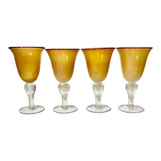 1980s Vintage Arts & Crafts Handblown Controlled Bubble Glass Wine Goblets - Set of 4. For Sale