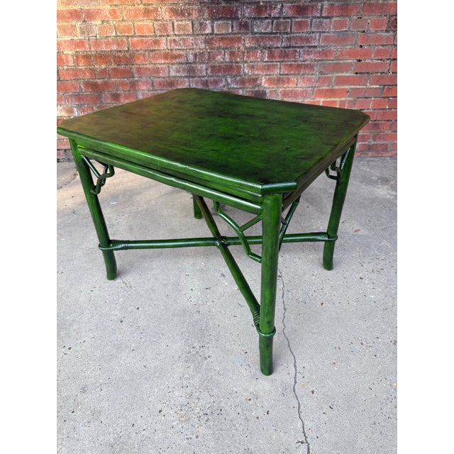 Vintage Mid Century Rattan Side Table With Deep Verdant Lacquer Finish - Newly Painted For Sale - Image 4 of 12
