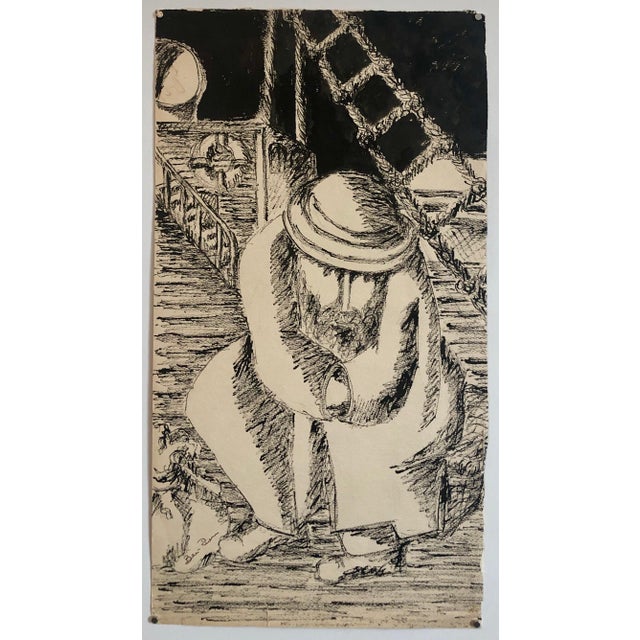 Ben-Zion Weinman, Modernist Judaica Jewish Ink Drawing Painting "New Immigrant" Off the Boat WPA, c.1940 For Sale - Image 4 of 4