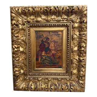 Saint George & Dragon Painted Wood Icon in 19th-Century Italian Giltwood Frame For Sale