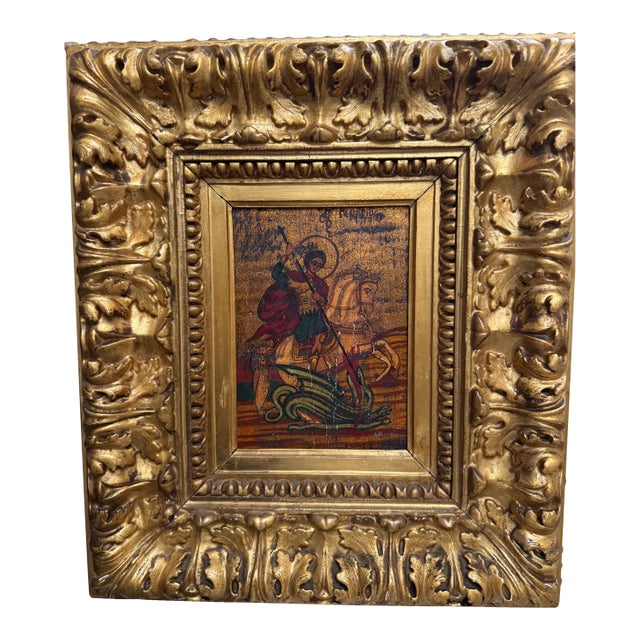 Saint George & Dragon Painted Wood Icon in 19th-Century Italian Giltwood Frame For Sale