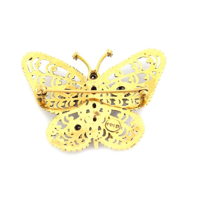 Contemporary Vintage Garnet 14k Yellow Gold Filigree Butterfly Brooch For Sale - Image 3 of 5