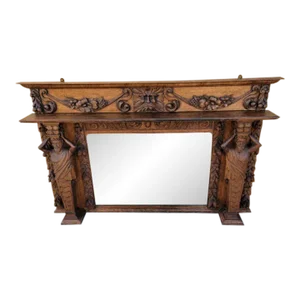 Antique Carved Ornate Figural Foliate Quarter-Sawn Fireplace Mantel Beveled Mirror Topper