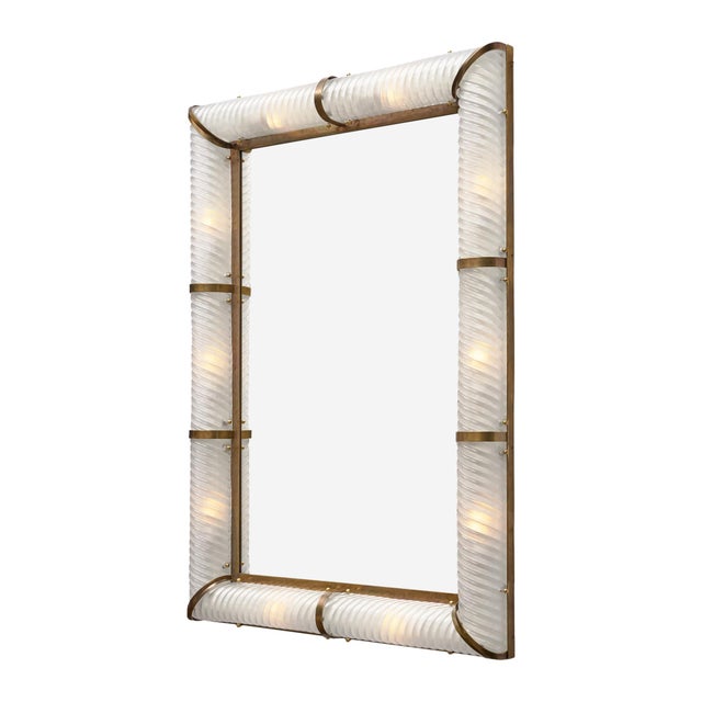 Mid-Century Modern Impressive Venetian Glass and Brass Mirror With Lighting, Murano, Italy For Sale - Image 3 of 9