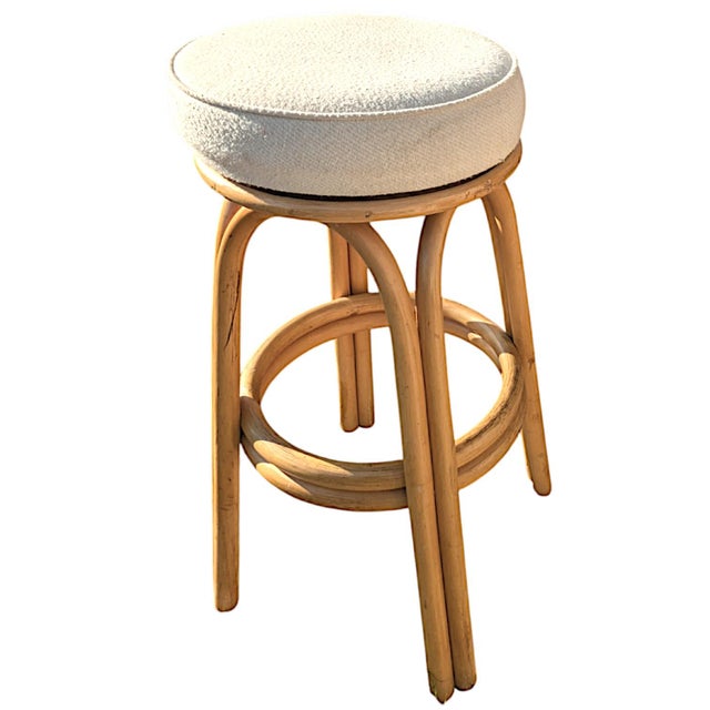 Tan Rattan Double Strand Arched Barstool With Ivory Upholstered Plush Seat, Pair For Sale - Image 8 of 12