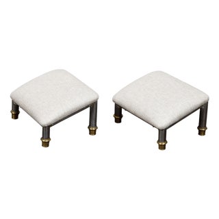 Pair of Vintage French Steel and Brass Footstools with Custom Linen Upholstery For Sale
