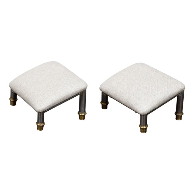 Pair of Vintage French Steel and Brass Footstools with Custom Linen Upholstery For Sale
