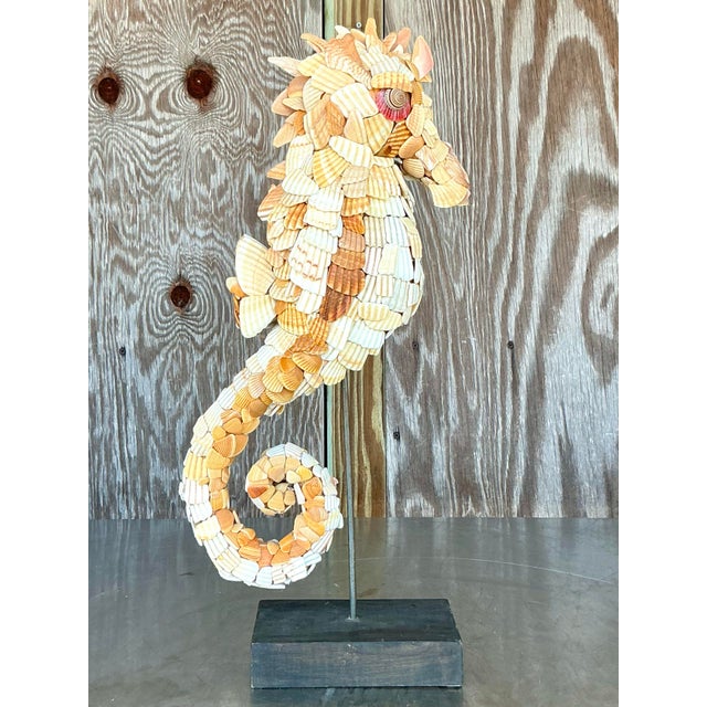 Wood Vintage Coastal Shell Encrusted Sea Horse For Sale - Image 7 of 8