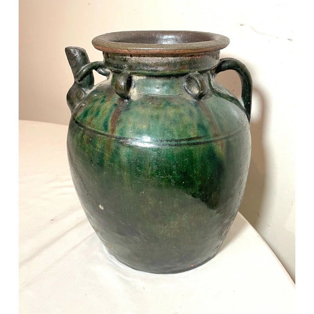 Chinese Antique Handmade Chinese 18th Century Pottery Terracotta Green Glaze Wine Jug For Sale - Image 3 of 12