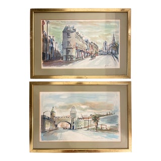 1960s Mid-Century Watercolor Cityscapes, Original & Signed by Artist; In Matching Frames - Set of 2 For Sale