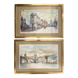 1960s Mid-Century Watercolor Cityscapes, Original & Signed by Artist; In Matching Frames - Set of 2