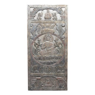 Antique Moonlight Carved Buddha Door Panel Seated Buddha on Lotus Wood Wall Art Meditation 83x36 For Sale