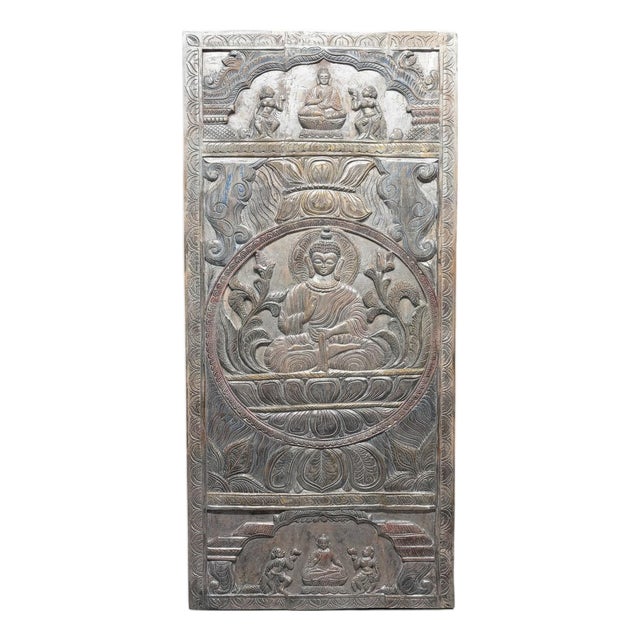 Antique Moonlight Carved Buddha Door Panel Seated Buddha on Lotus Wood Wall Art Meditation 83x36 For Sale