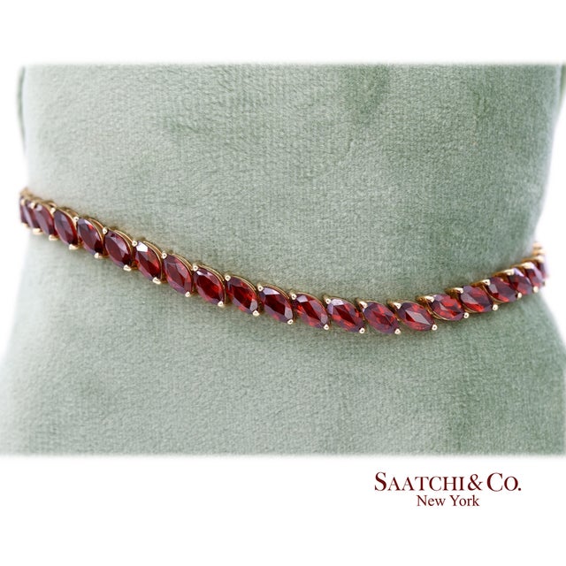 Vintage 14k 585 Solid Yellow Gold Red Garnet Marquise Cut Tennis Bracelet For Sale - Image 9 of 13