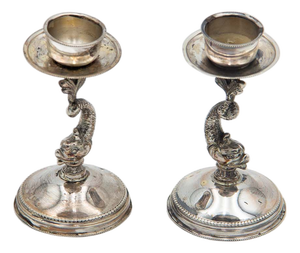 Low Silver Fish-Shaped Candlesticks, Set of 2